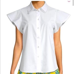 Draper James White Flutter Sleeve Button Down Collared Shirt Blouse Size 8